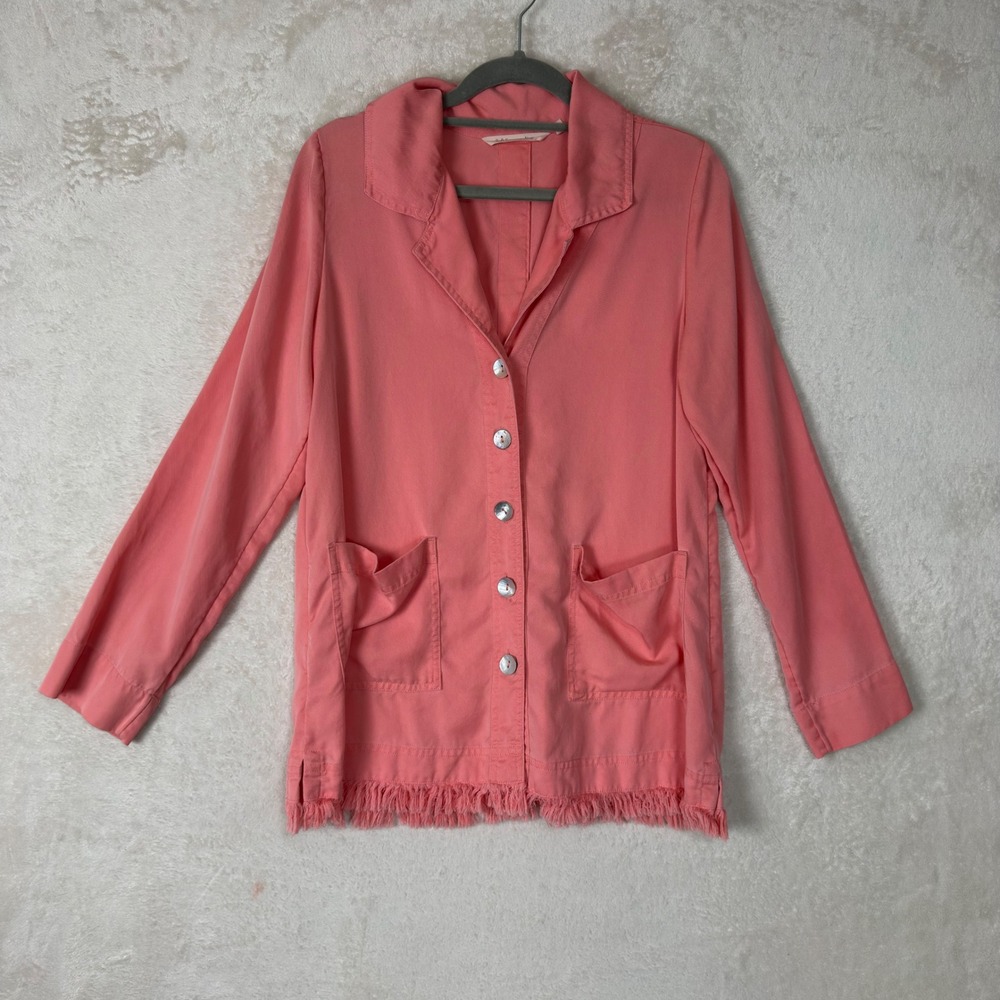 Soft Surroundings Coral Pink Tencel Fringe Hem Button Front Jacket XS Coastal